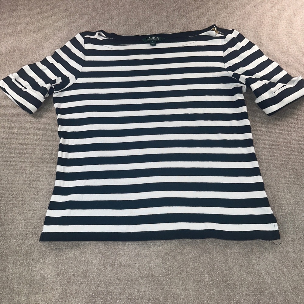 Lauren Ralph Lauren Navy White Striped Boat Neck Top Gold Shoulder Zip Large